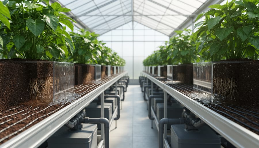 Capillary mat irrigation system with seedlings in greenhouse setting