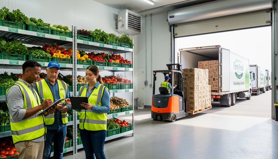 Refrigerated truck being loaded with produce at food hub warehouse loading dock