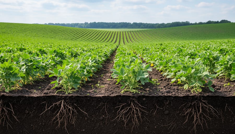 Cover crop field with diverse plant species growing between grain crop stubble rows