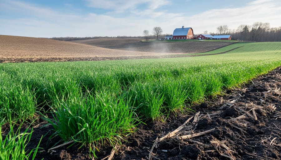 Alberta grain field with crop residue and emerging cover crop under evening light