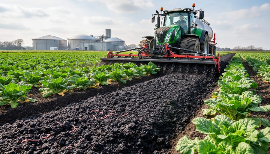 Close-up of processed digestate fertilizer held in farmer's hands showing rich organic texture