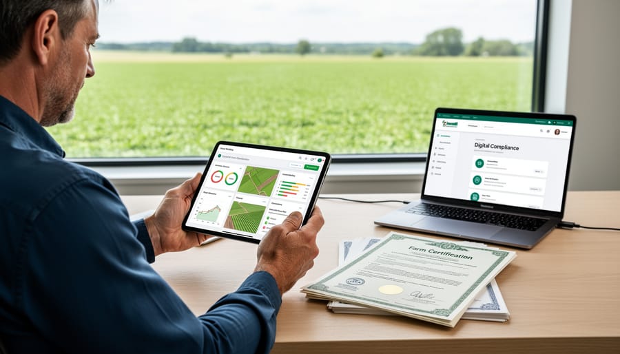 Farmer holding organic certification documents alongside digital tablet