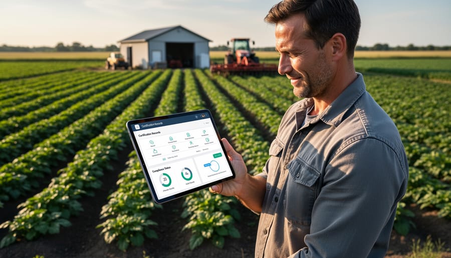 Laptop computer with digital farm records displayed in organic farm setting