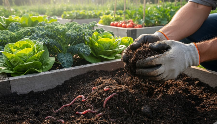 Close-up of rich compost with earthworms and organic matter showing healthy soil biology