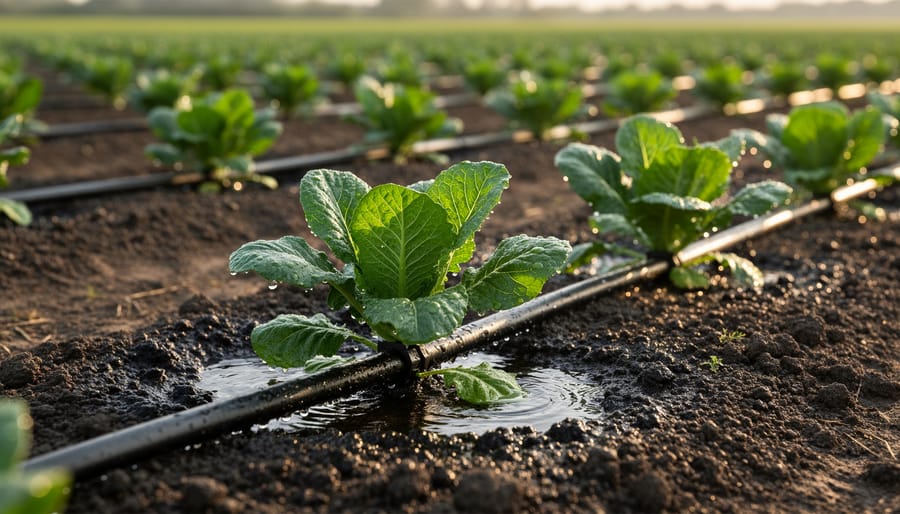 Drip irrigation tubing with water droplets running through rows of lettuce in urban farm