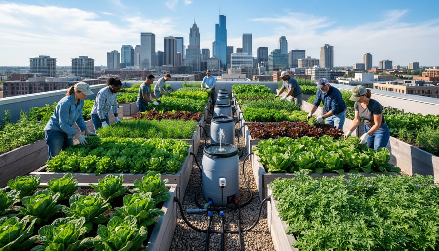 Rooftop urban farm with raised beds and vegetables overlooking Edmonton city skyline