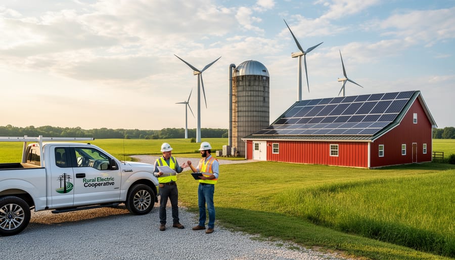 Farm building with solar panels on roof and wind turbine in rural landscape