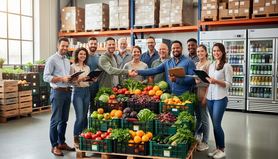 Group of farmers collaborating and examining crops together in field