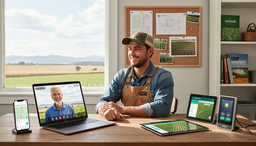 Young farmer using smartphone in wheat field to connect with remote mentor