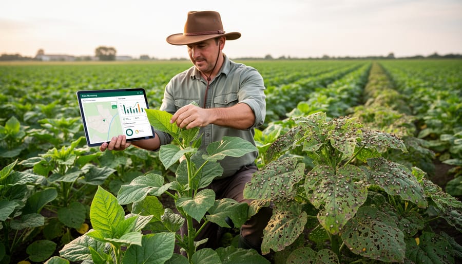 Farmer examining crops in field while conducting pest monitoring assessment