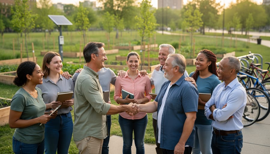 Two farmers shaking hands in front of farm buildings
