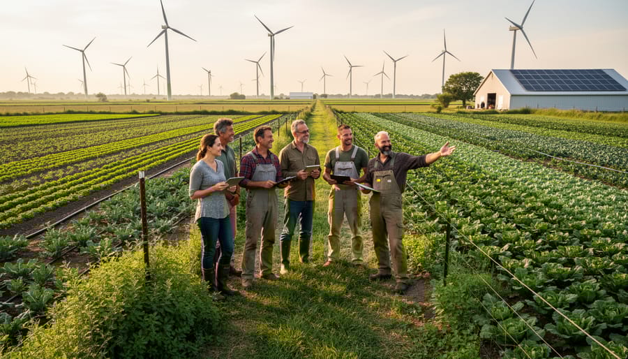Three farmers discussing crops together in wheat field
