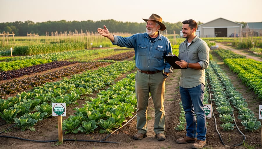 Experienced and new farmers examining organic crops together in Alberta field