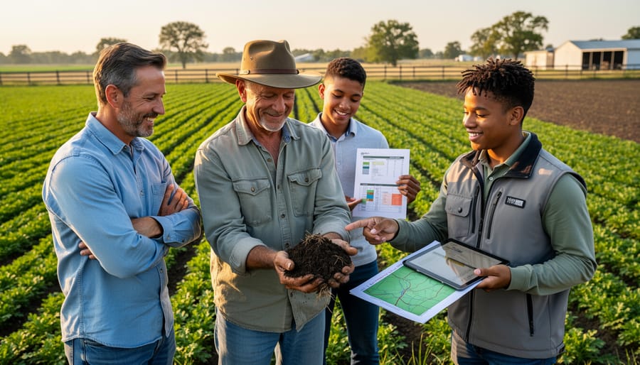 Two farmers discussing soil management practices in field setting