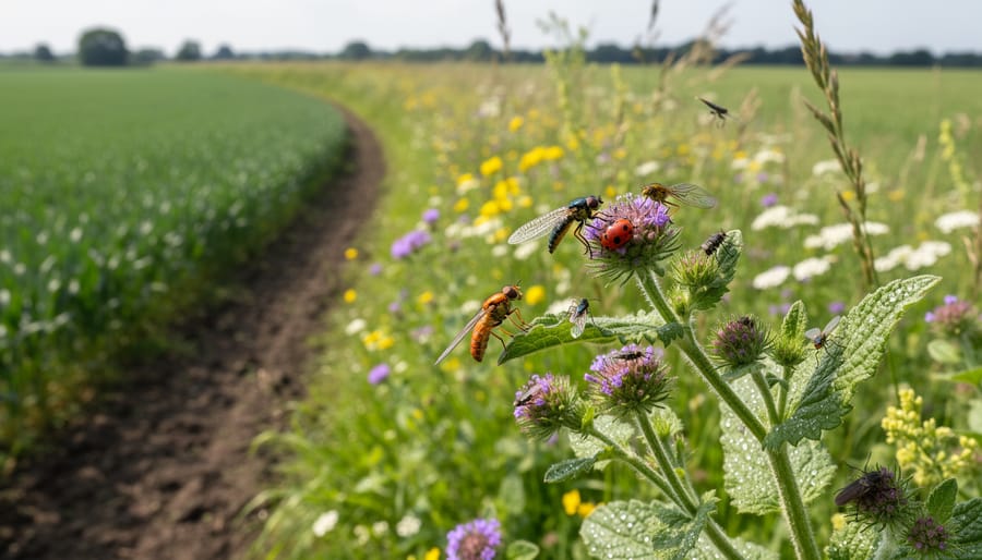 Field margin with native plants bordering agricultural crop creating beneficial insect habitat