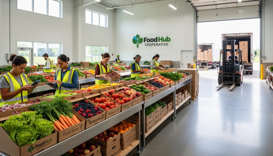 Fresh vegetables in wooden crates at food hub distribution center with loading area in background