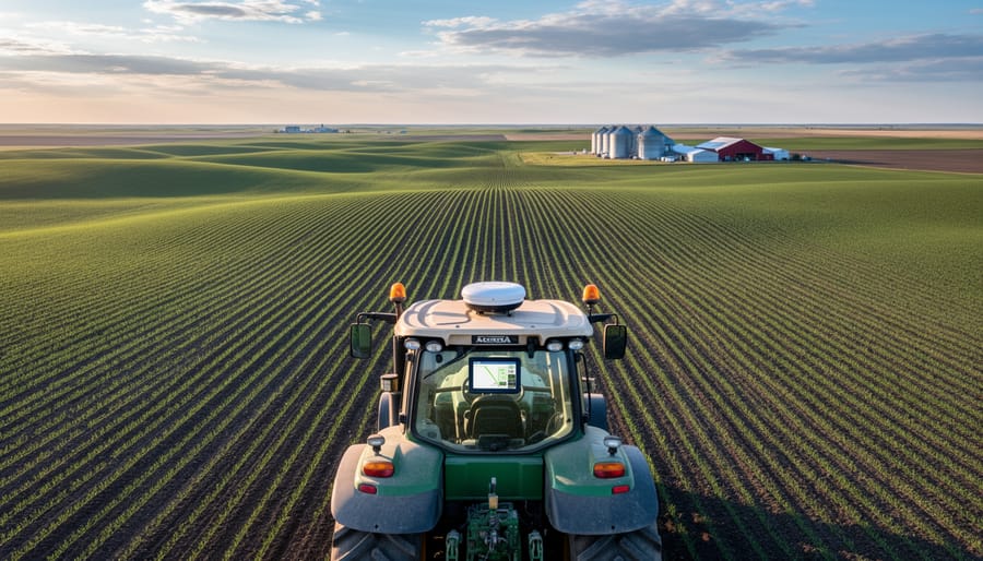GPS-equipped tractor operating in expansive Alberta wheat field during golden hour