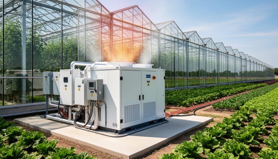Modern greenhouse interior with hydrogen fuel cell power generation system