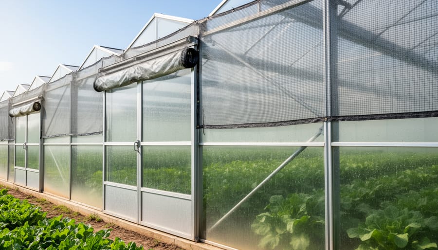 Modern greenhouse with insect netting barriers protecting crops in Alberta farming landscape