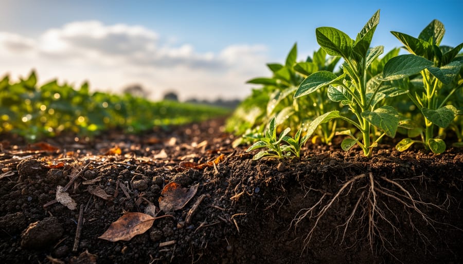 Close-up of farmer's hands holding healthy dark soil with visible organic matter