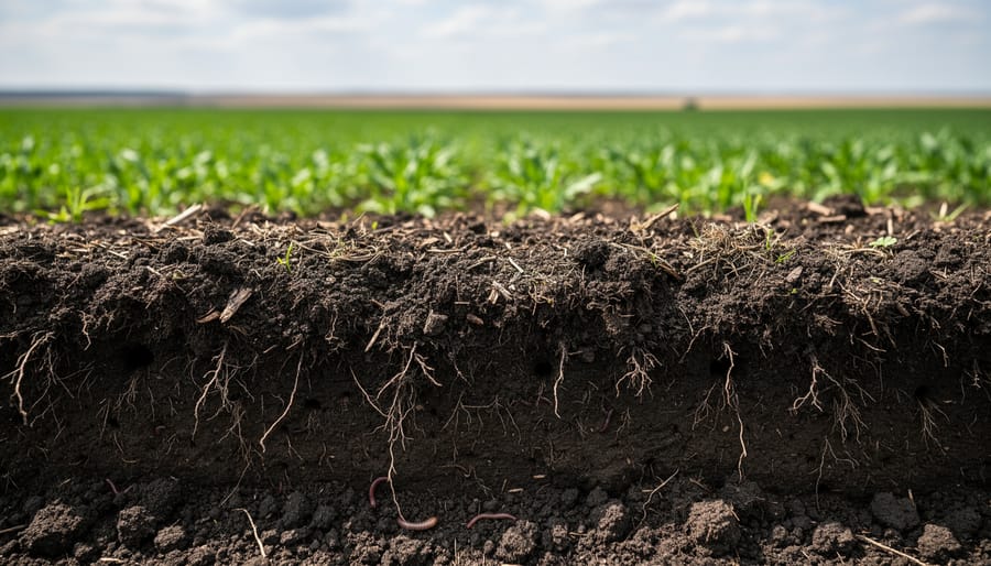 Farmer's hands holding dark nutrient-rich soil with visible earthworms and organic matter