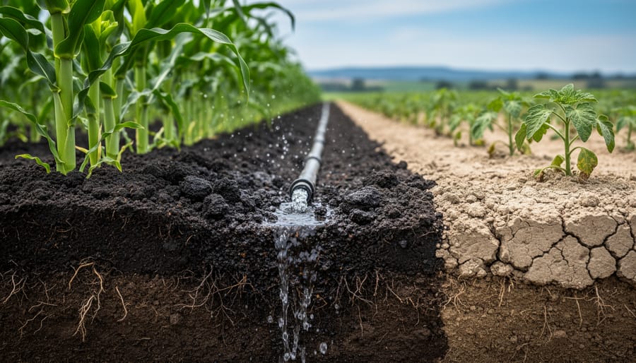 Close-up of dark, rich soil with visible organic matter held in hands