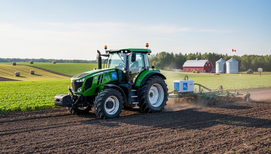 Hydrogen fuel cell tractor operating in wheat field on Prairie farmland