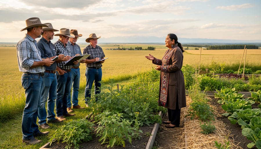 Indigenous elder and Alberta farmer examining crops together in agricultural field