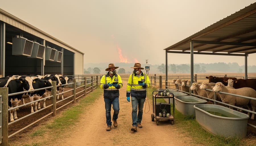 Rancher wearing protective mask tending to cattle during smoky conditions