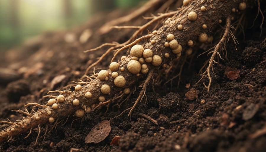 Close-up of nitrogen-fixing root nodules on alder tree roots