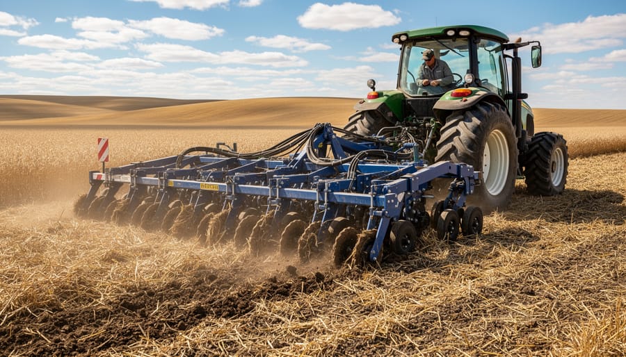 No-till seeder planting through crop residue in conservation agriculture system