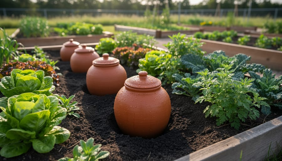 Terracotta olla irrigation pot installed in organic vegetable garden