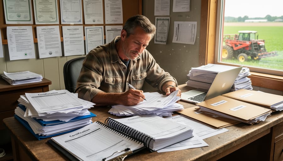 Farm office desk covered with stacks of certification paperwork and forms