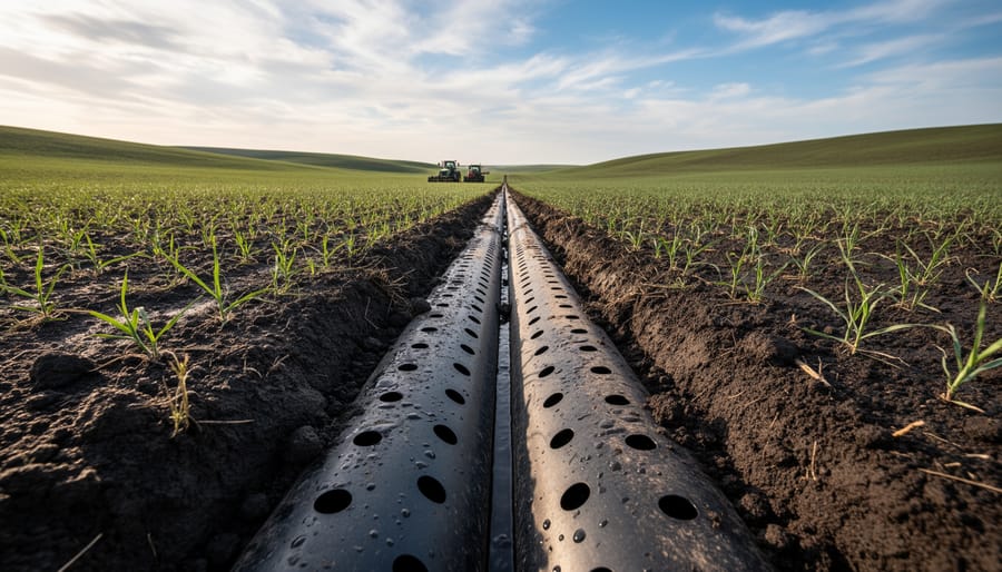 Perforated irrigation pipe installed in prairie agricultural soil