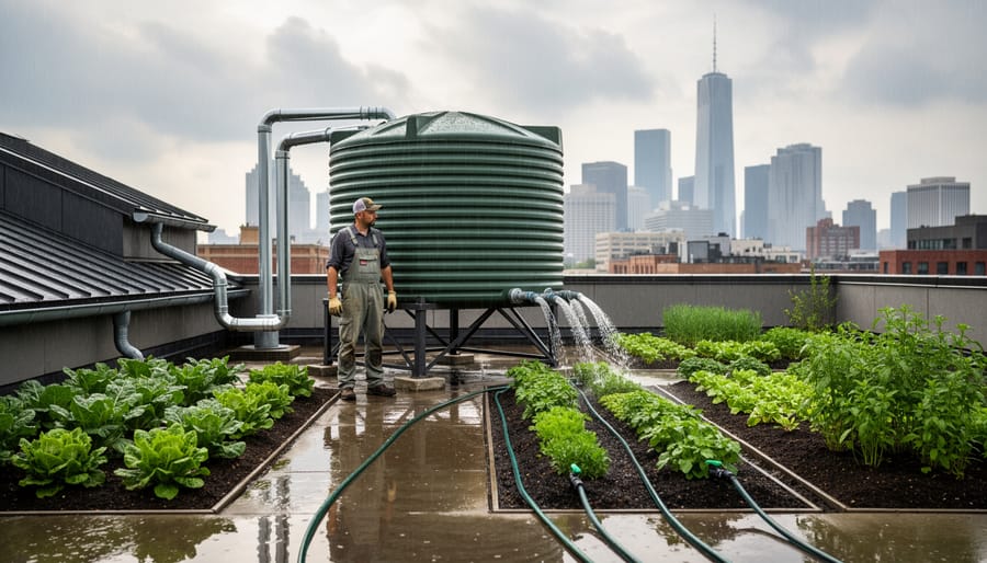 Rainwater collection barrel system connected to building downspout with urban garden beds
