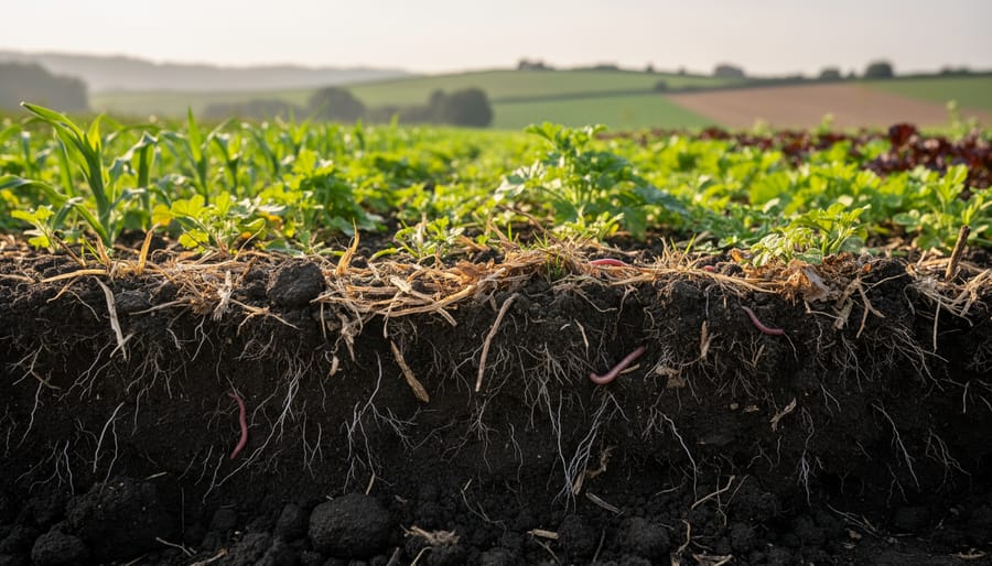 Close-up of healthy dark soil showing plant roots, organic matter, and biological activity