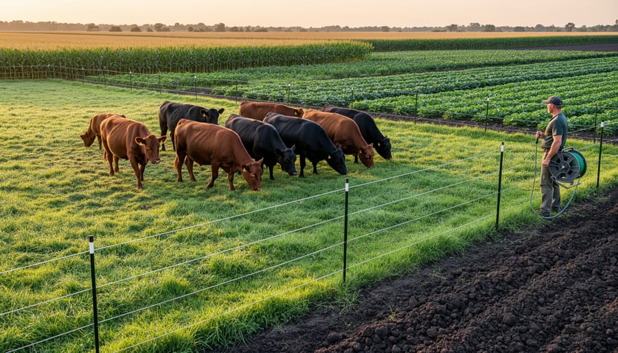 Cattle grazing on pasture with rotational grazing management system