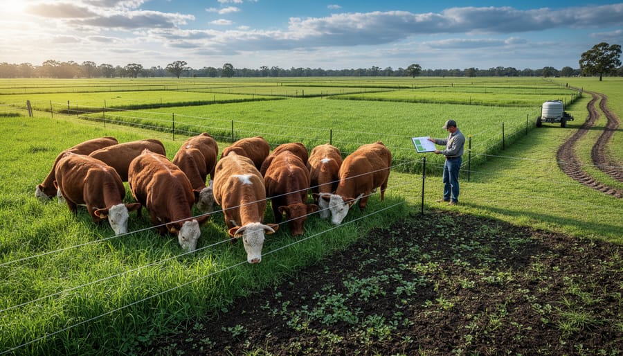 Cattle grazing in managed paddock system with visible fence divisions on green pasture