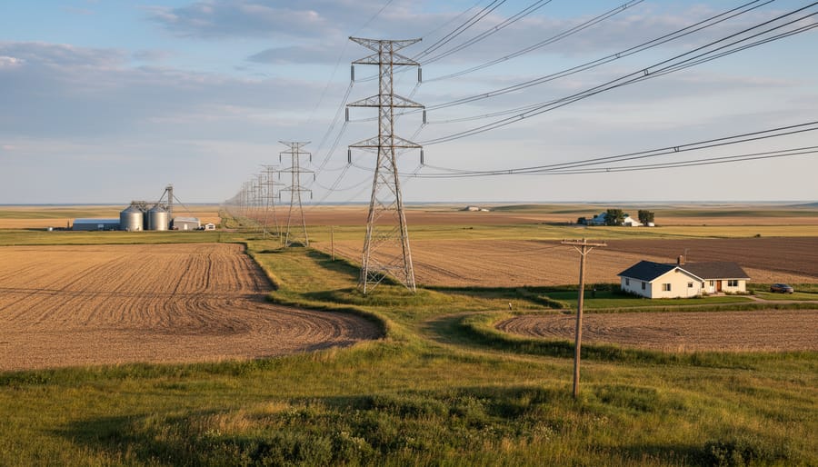 Electrical transmission lines extending across rural farmland in Alberta