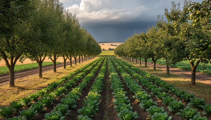 Shelterbelt of trees protecting agricultural field during rainfall