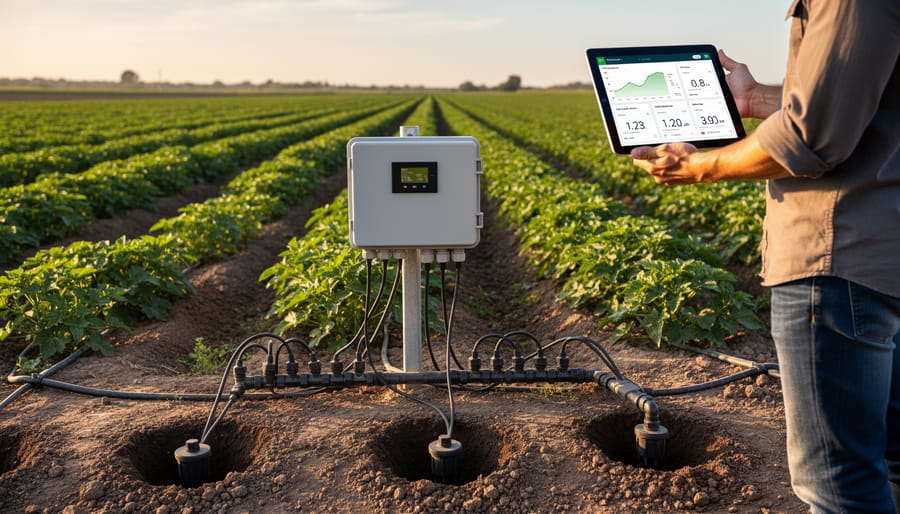 Automated irrigation system with moisture sensors operating in Alberta crop field