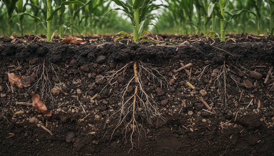 Close-up cross-section of rich dark soil showing organic matter and plant root structure