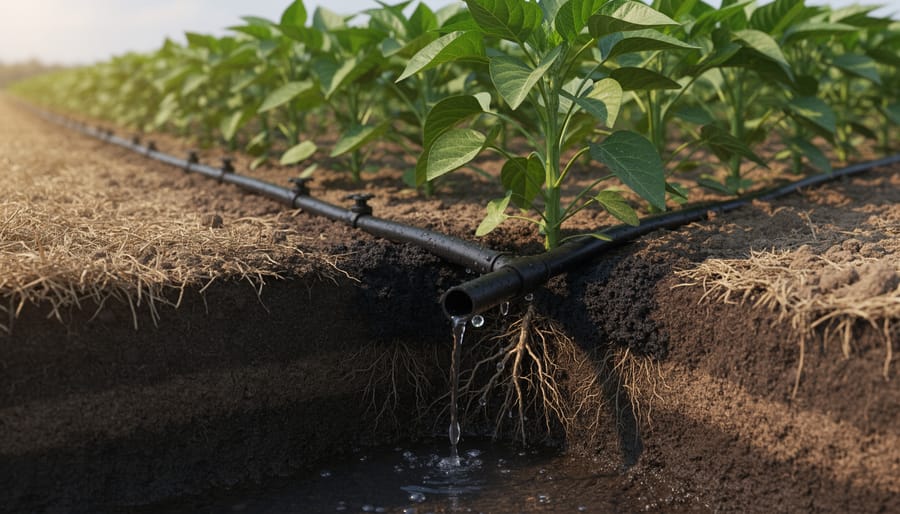 Cross-section view of buried drip irrigation line surrounded by soil and plant roots