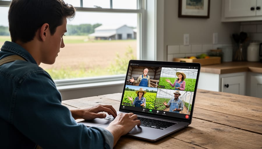 Farmer's hands holding smartphone during video mentorship call with another farmer
