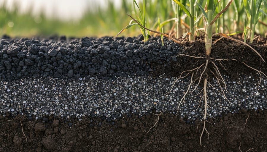 Farmer's hands holding fine gray volcanic ash powder above dark prairie soil