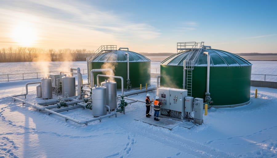 Winter view of insulated anaerobic digester facility operating on Alberta farm with mountains in background