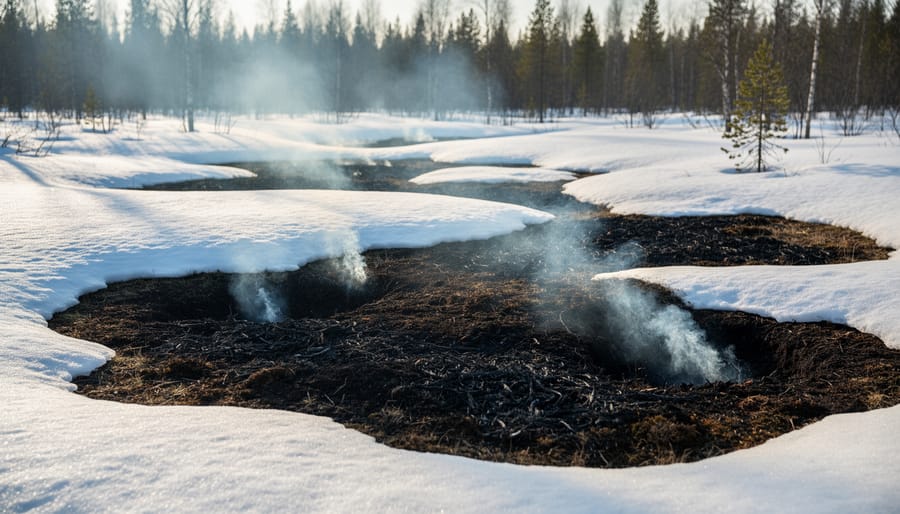 Smoke rising from snow-covered forest ground showing evidence of underground fire activity