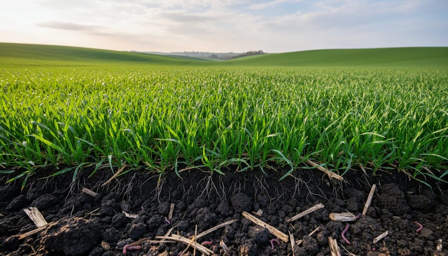 Farmer standing in dense cover crop field with Alberta prairie landscape in background