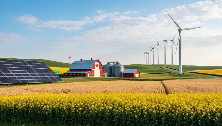 Aerial view of Alberta farm with wind turbines and solar panels integrated with grain fields