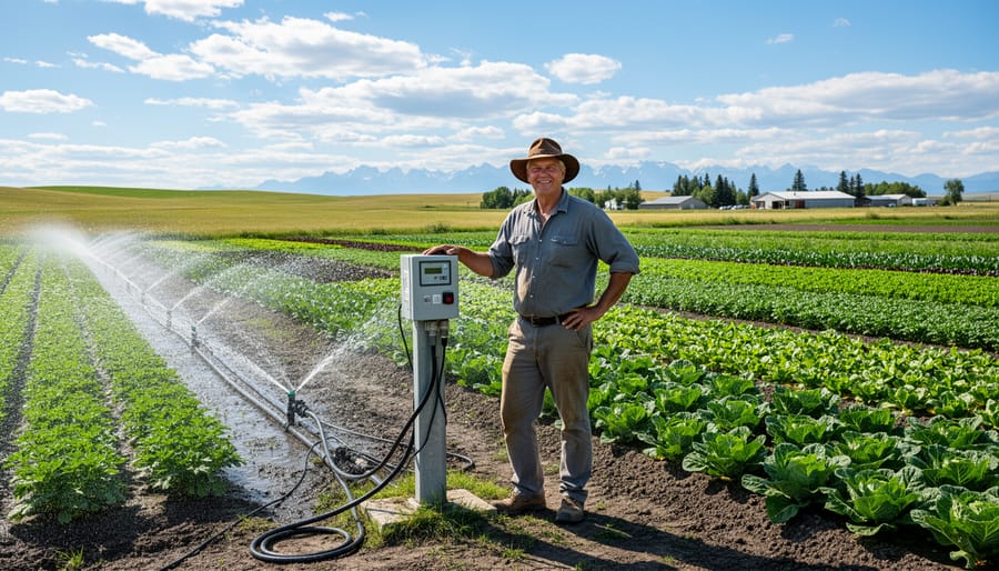 Alberta farmer standing in healthy organic vegetable field with irrigation system